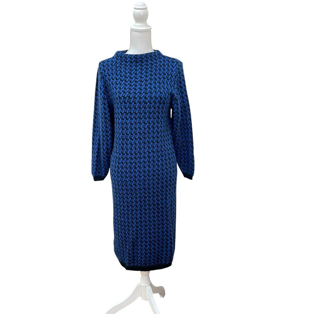 Vintage 80s Women Sz S Cobalt Blue & Black Houndstooth Knit Tunic Sweater Dress